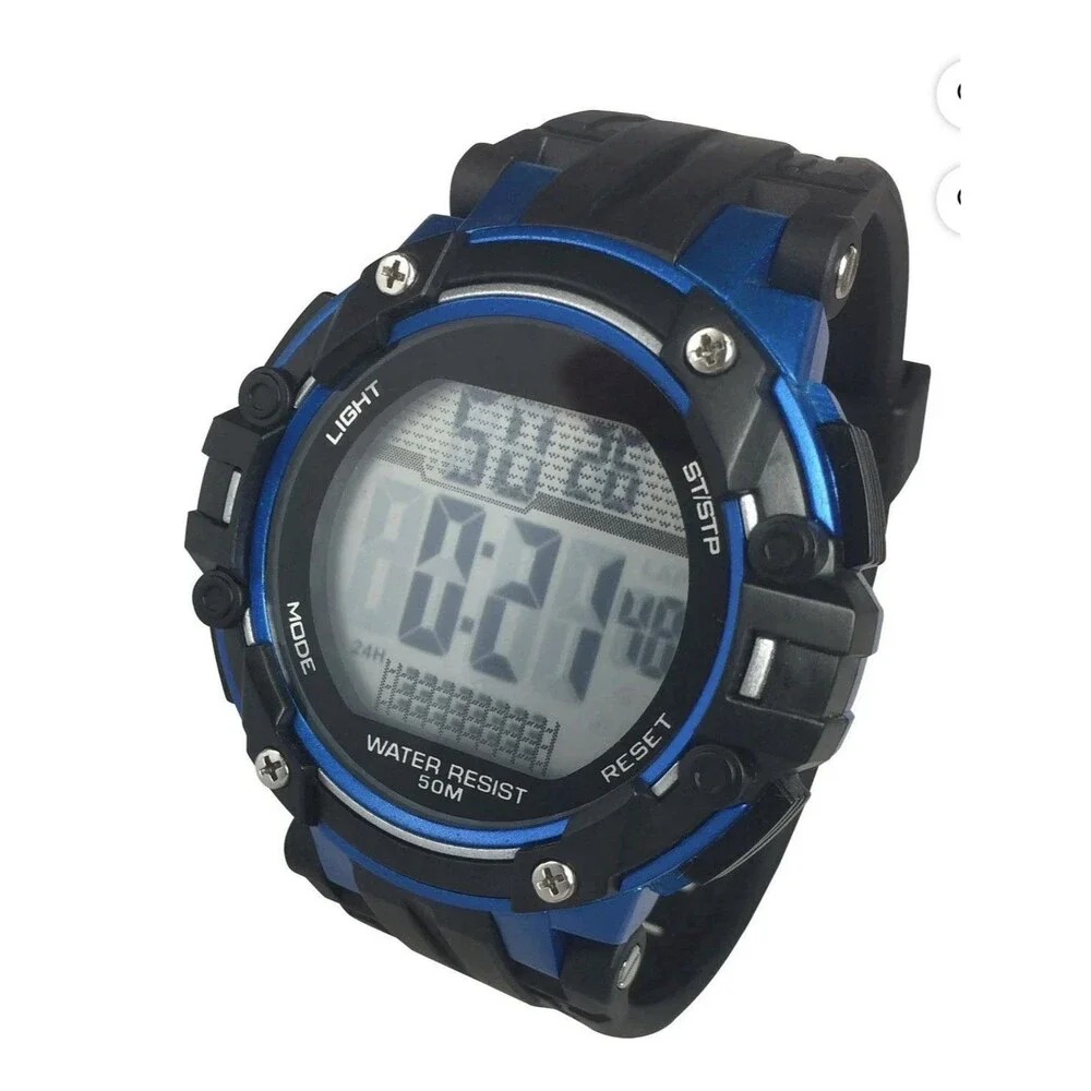 George Mens Digital Sport Wrisit Watch Black With Blue Accents New In Box